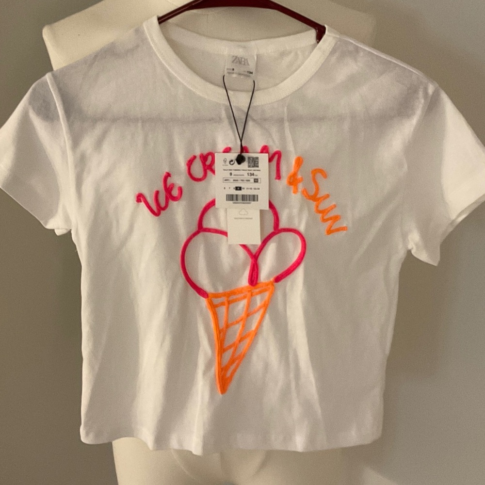 NWT Zara Kids White Tee with Neon Ice Cream Design sz 9